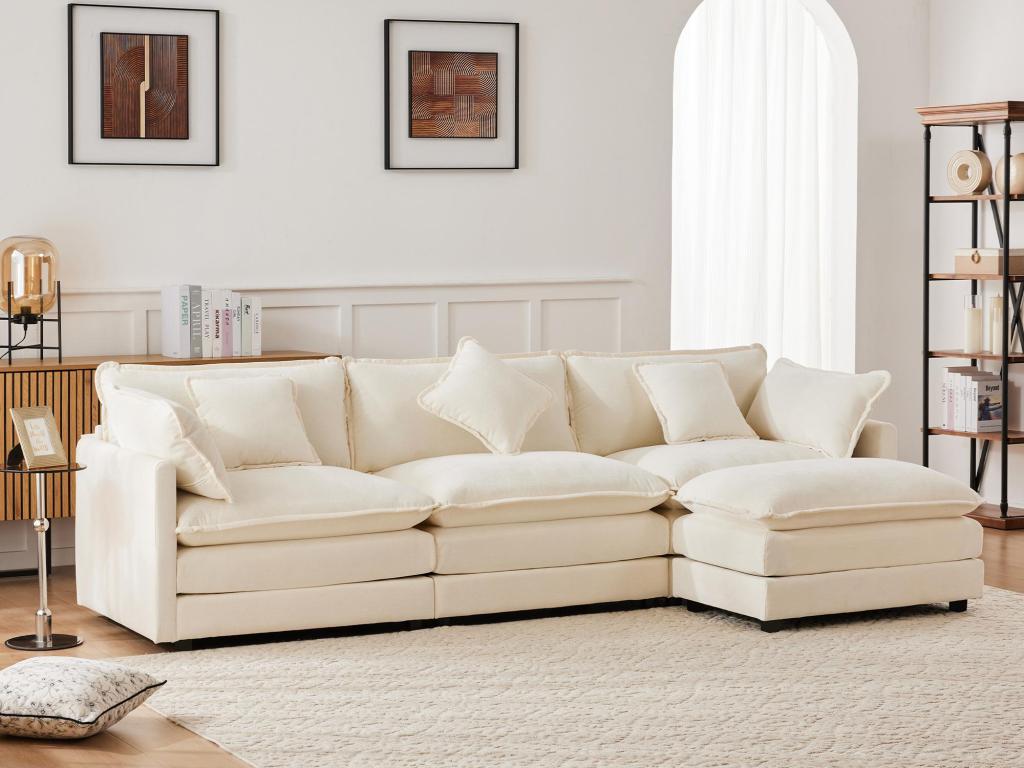 Sofá esquinero de chenilla de 3 plazas con reposapiés modular - beige