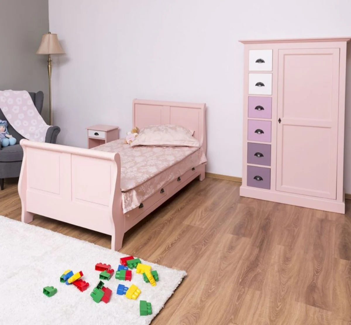 Country style solid wood children's room furniture set pink / white / purple - 1 single bed & 1 wardrobe & 1 bedside table - country style furniture