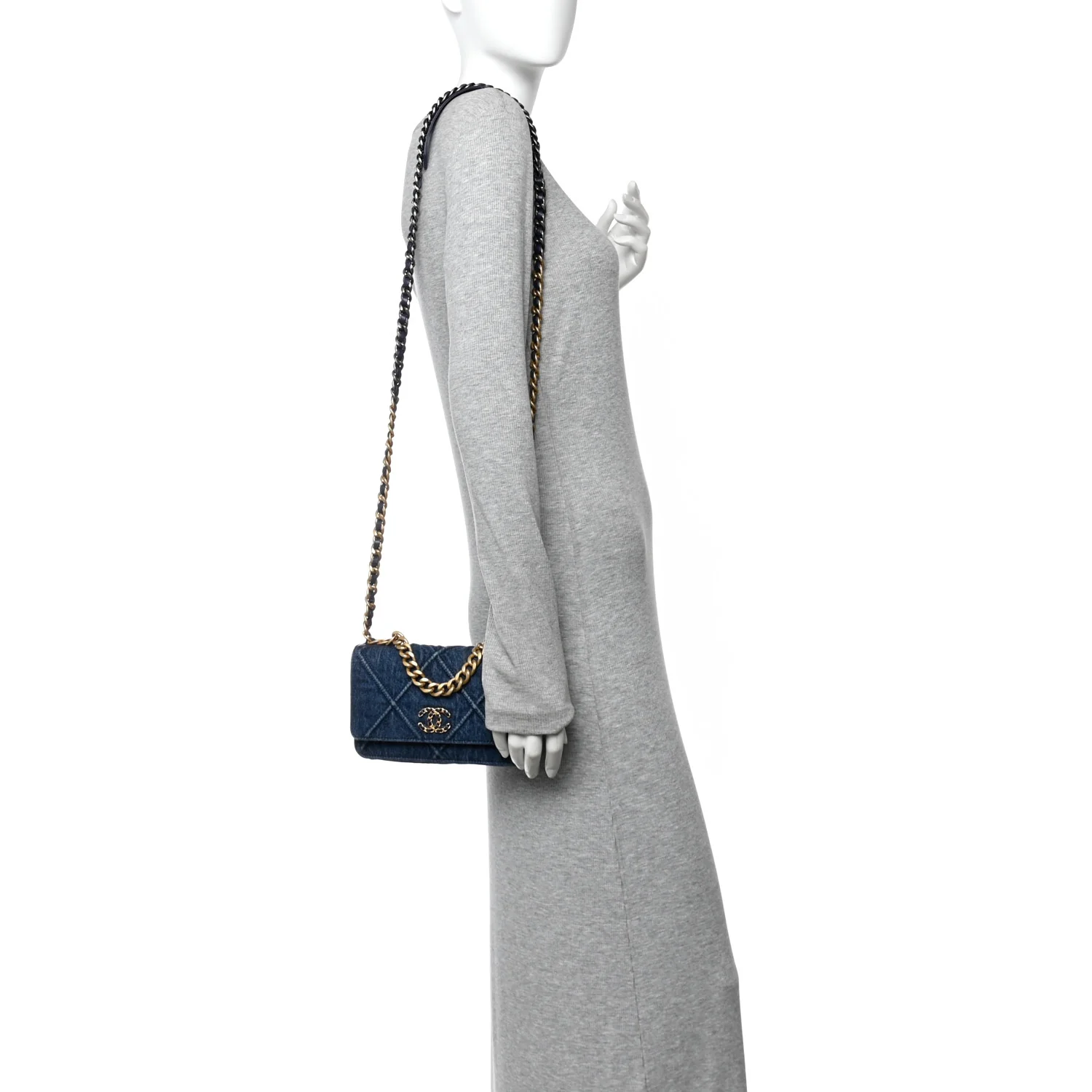 Denim Quilted Chanel 19 Wallet On Chain WOC Blue
