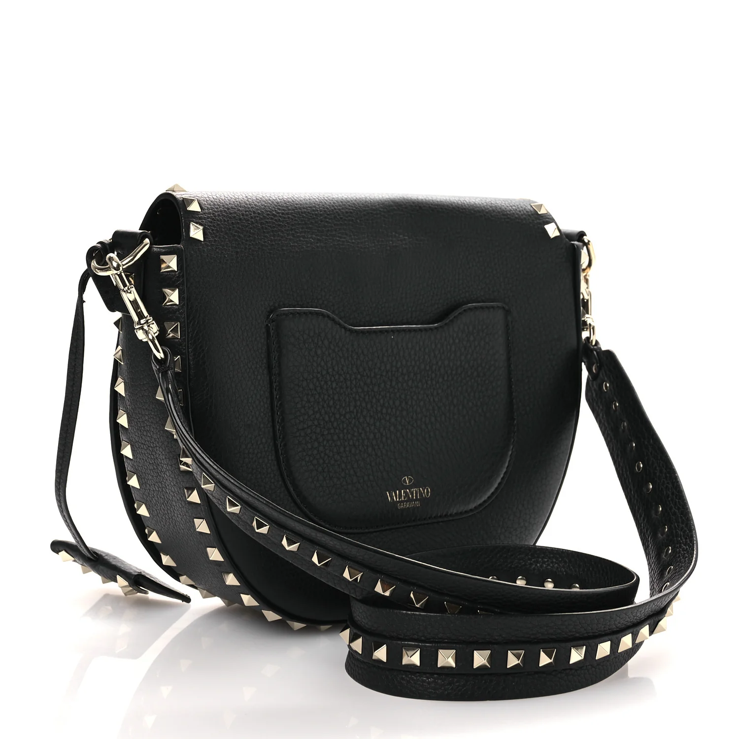 Grained Calfskin Rockstud Saddle Bag Black - Top Club