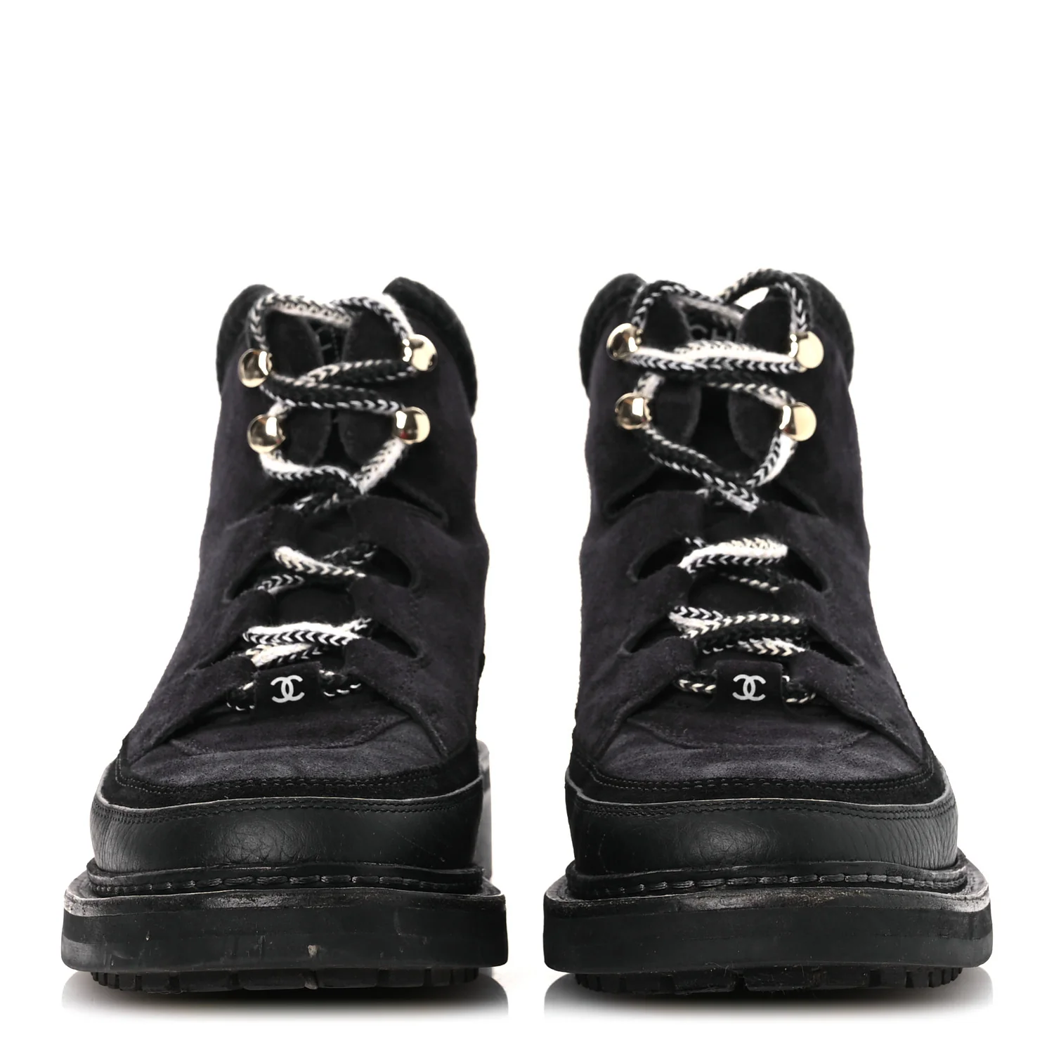 Suede Grained Calfskin CC Lace Up Boots 38 Black - Top Club