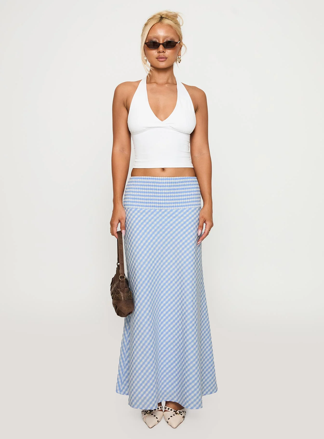 Every Girl Shirred Maxi Skirt Blue Check