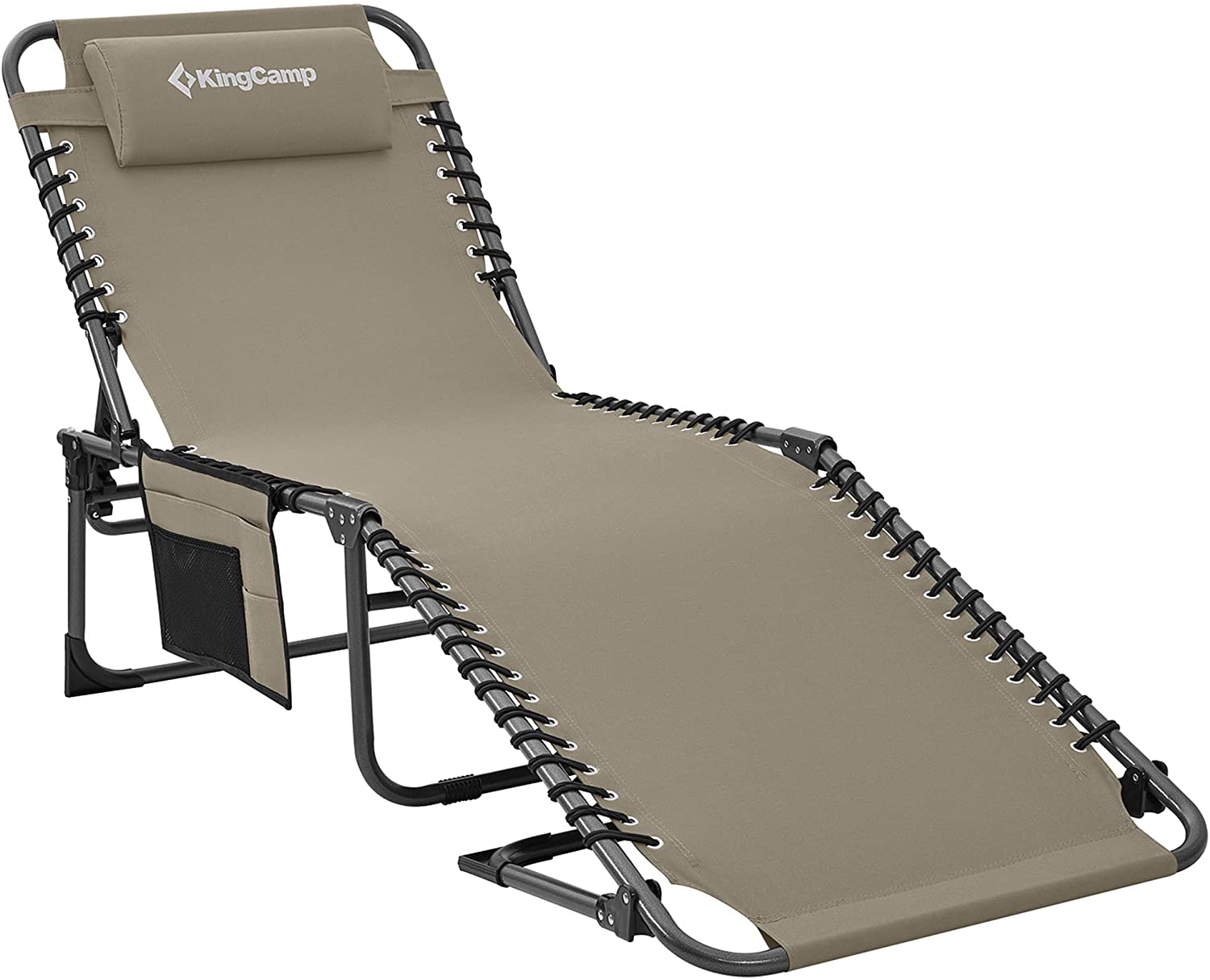 Adjustable 4-position folding chaise lounge chair with pillow pocket, supports 265lbs