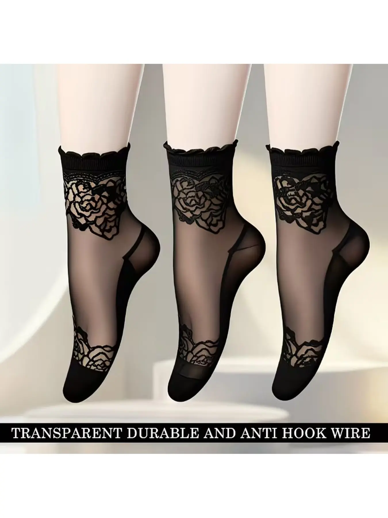 3 Pairs Women’s Sheer Lace Thin Boat Socks, Breathable Anti-Slip Knitted Casual Daily Socks