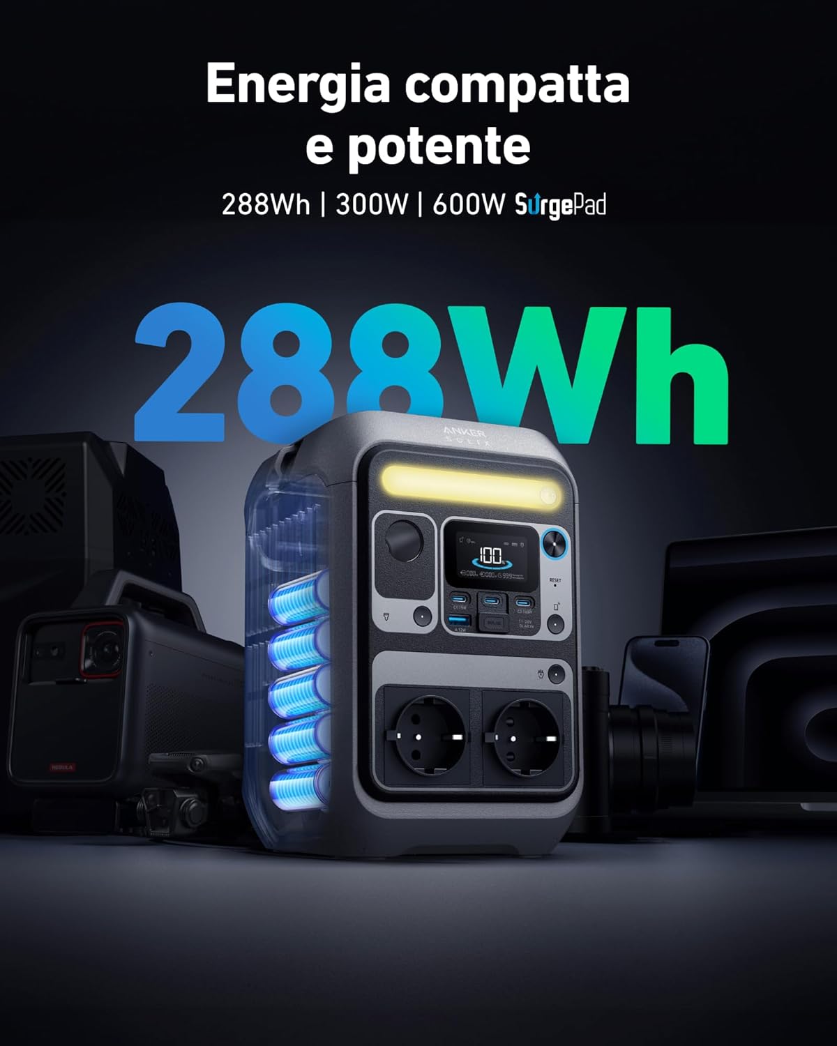 Anker SOLIX C300 centrale elettrica portatile, batteria LiFePO4 da 288Wh, generatore solare da 300W (picco 600W), ricarica bilaterale da 140W, campeggio, viaggi, emergenze (pannello solare opzionale)