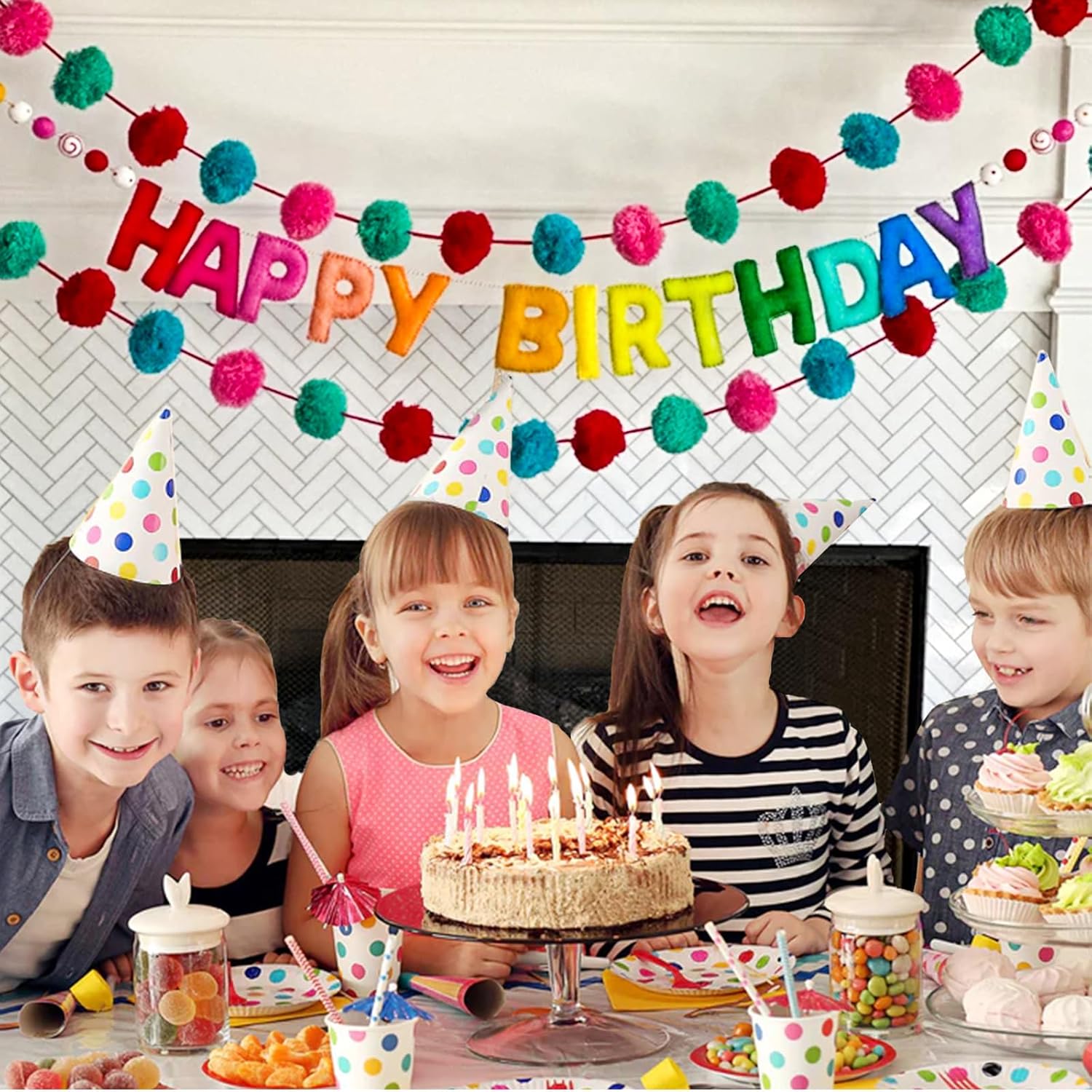 Pre-Strung Reusable Handmade Adjustable Distance Happy Birthday Felt Ball Banner Garland Rainbow Design for Kids Room Holiday