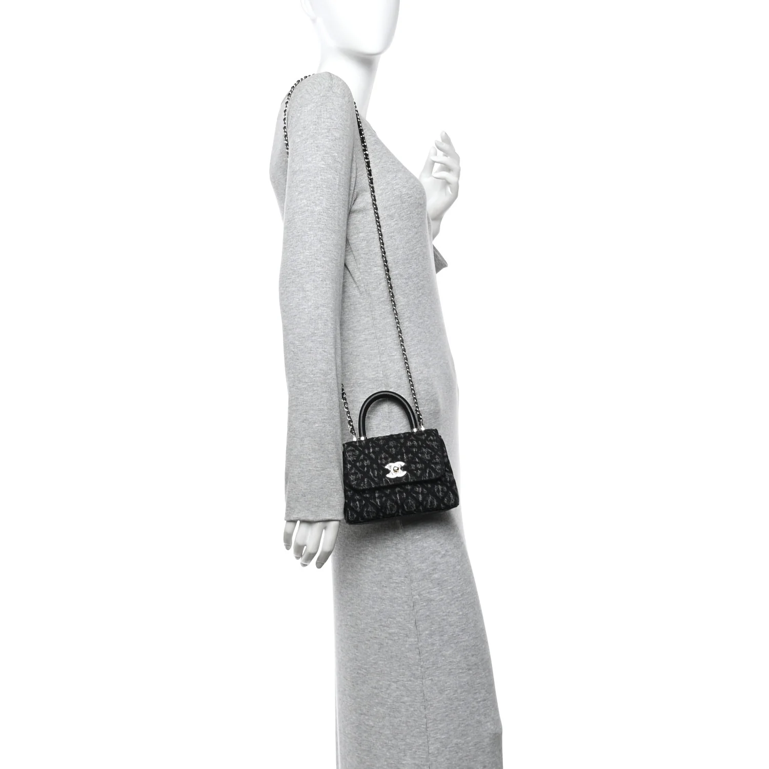 Washed Denim Quilted Coco Handle Clutch With Chain Black