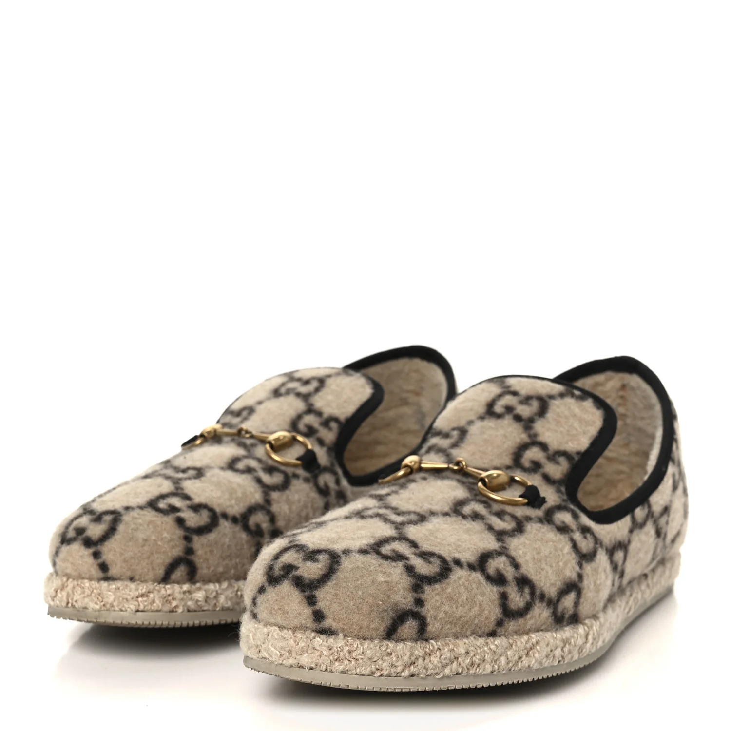 Covered Wool GG Monogram Mens Fria Horsebit Loafers 9 Beige Ebony Black Butterscotch - Top Club