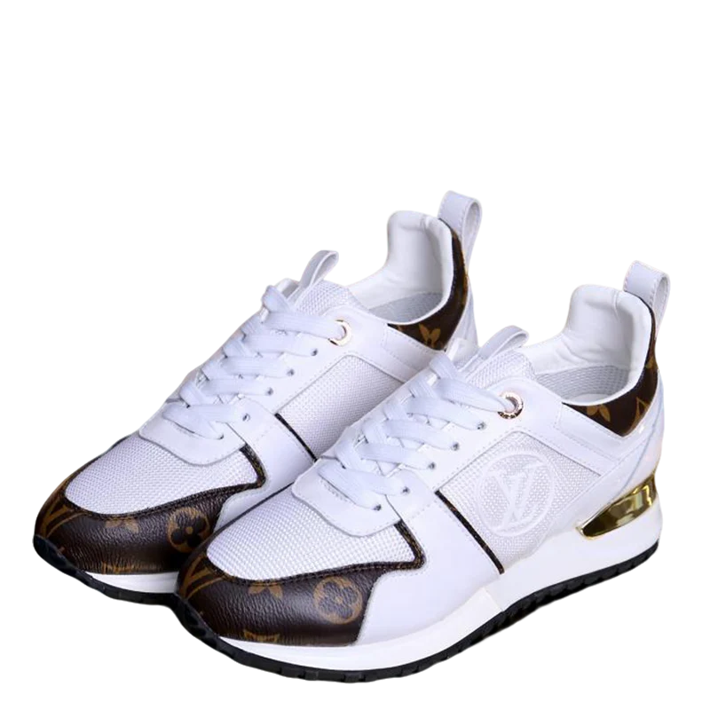 Louis Vuitton Women's White Fashion Sneakers With Signature Patterns And Gold Accents - Sneaker Replica Workshop
