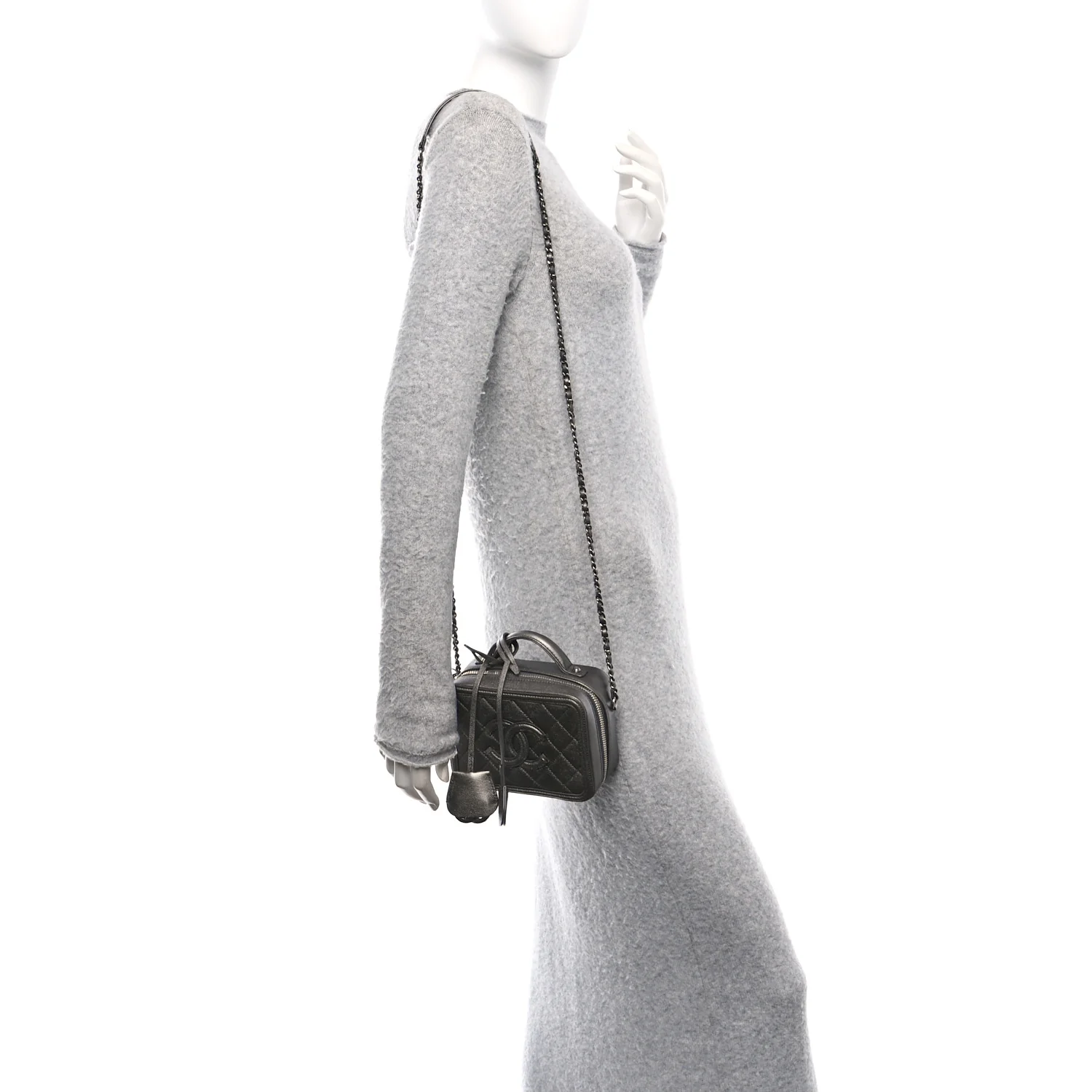 Metallic Caviar Quilted Small CC Filigree Vanity Case Dark Silver
