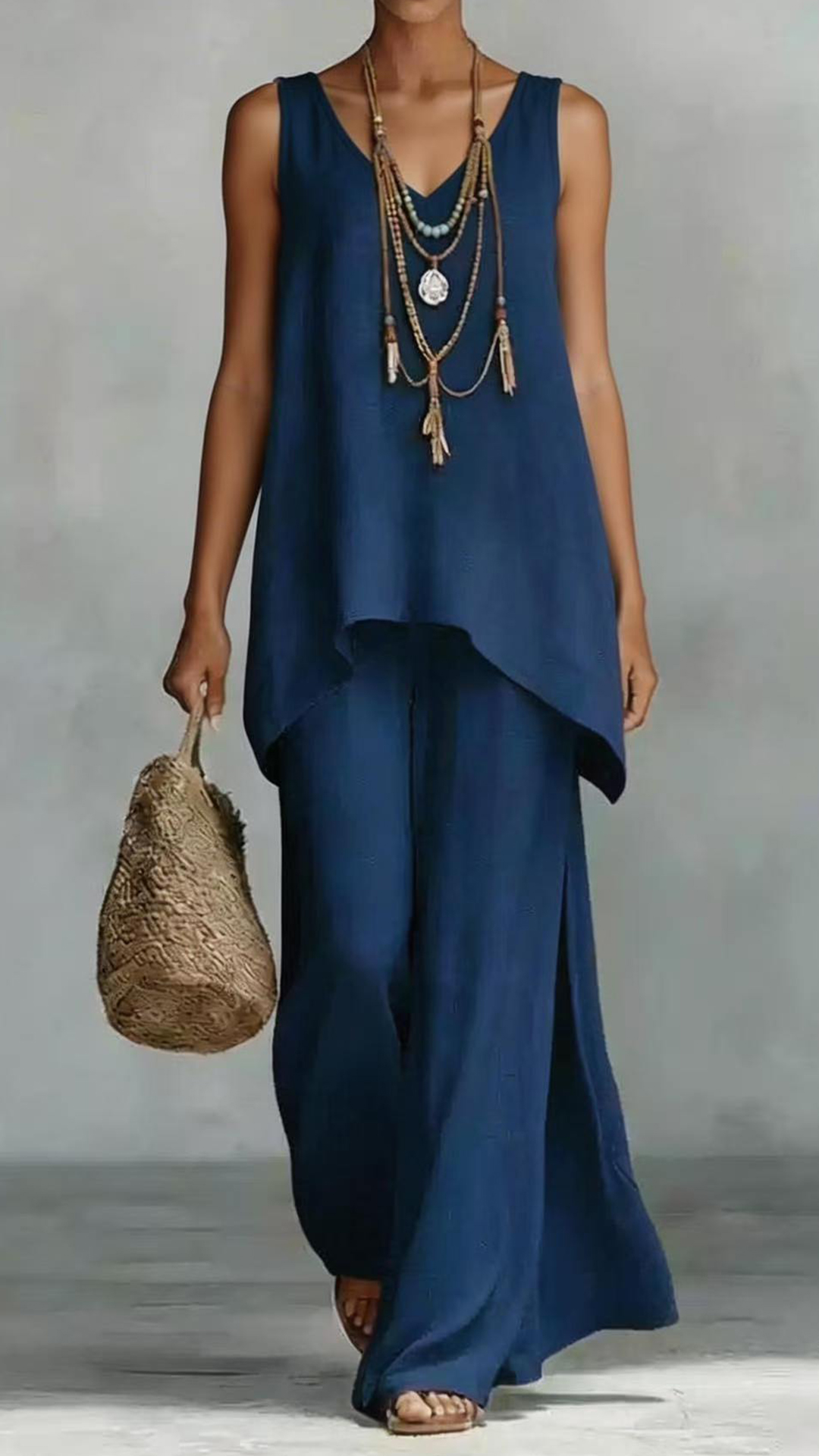 Women's Casual Vacation Style - Cotton-Blend Textured Sleeveless Top and Wide-Leg Pants Set - Nordfashionstorm - Women's Clothing, Fashion for You - Nordfashionstorm.com