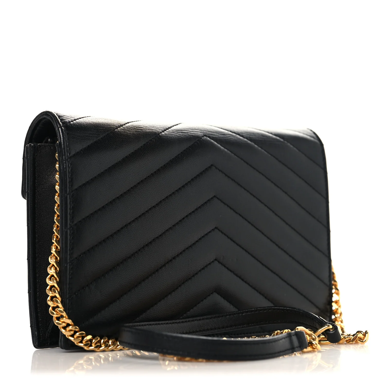 Calfskin Matelasse Chevron Monogram Envelope Chain Wallet Black