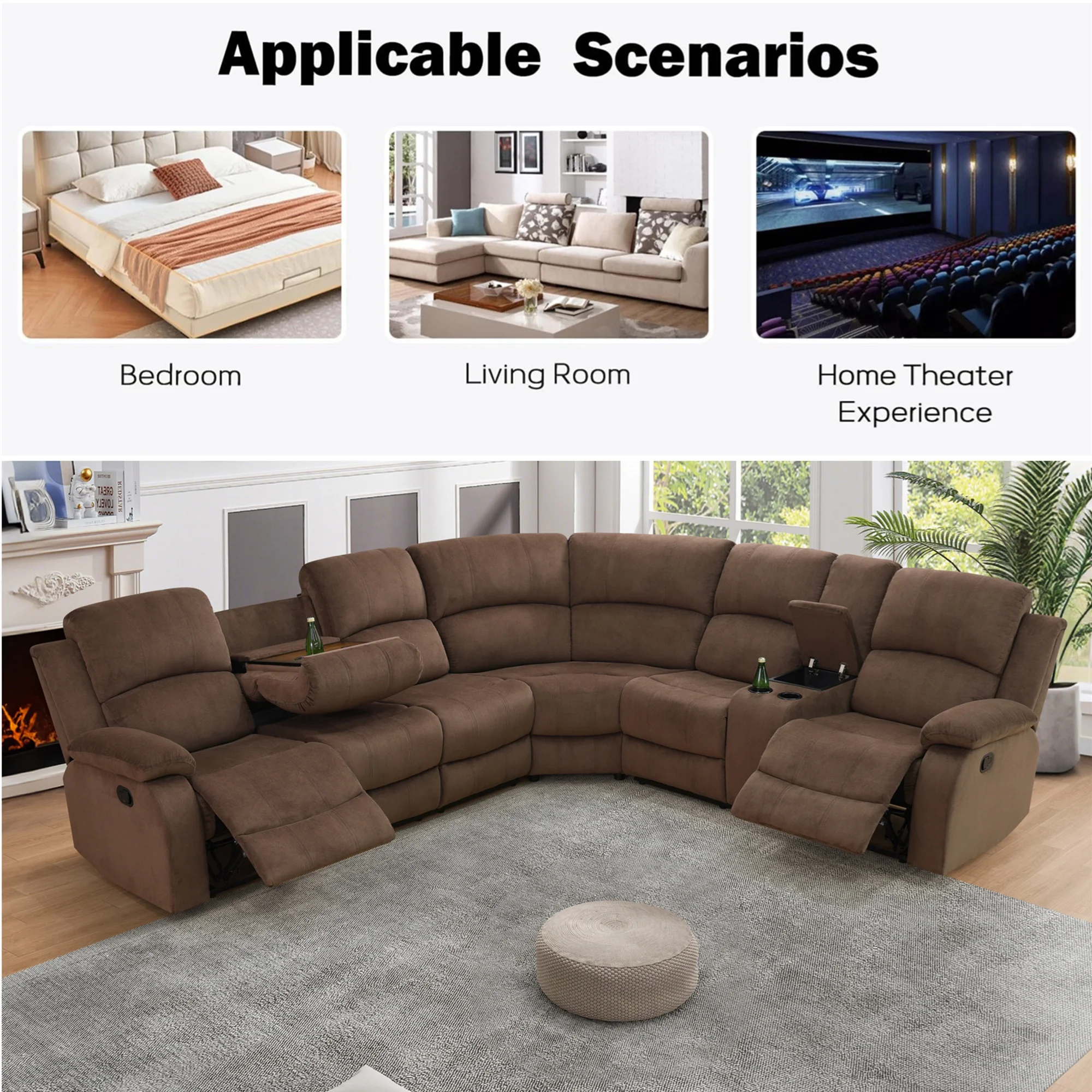 Aukfa 3 - Piece Recliner Sofa Set, 6 Seat Sectional Couch with Cup Holders&Storage Console, Gray