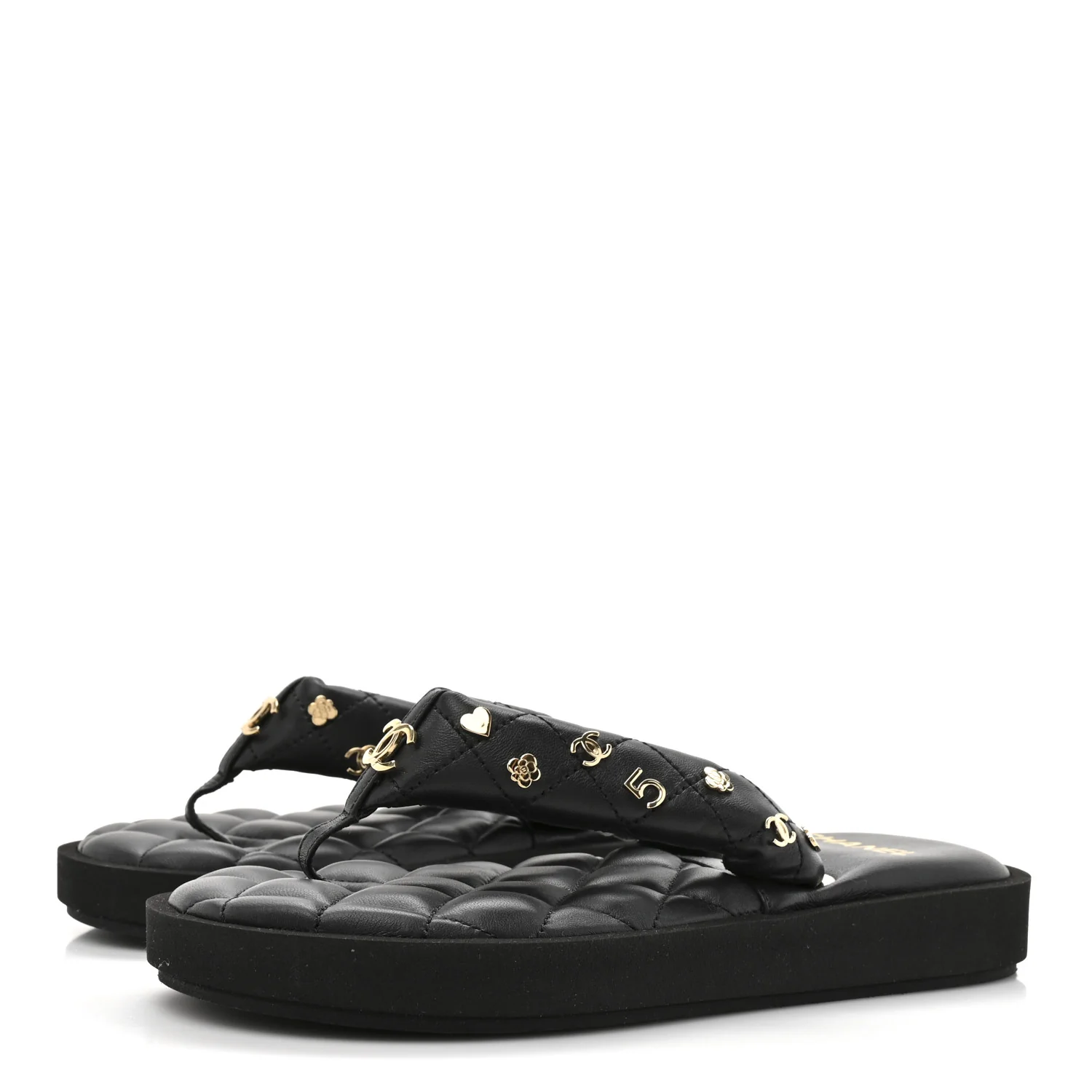 Lambskin Quilted Padded Charms Thong Sandals 36 Black - Top Club