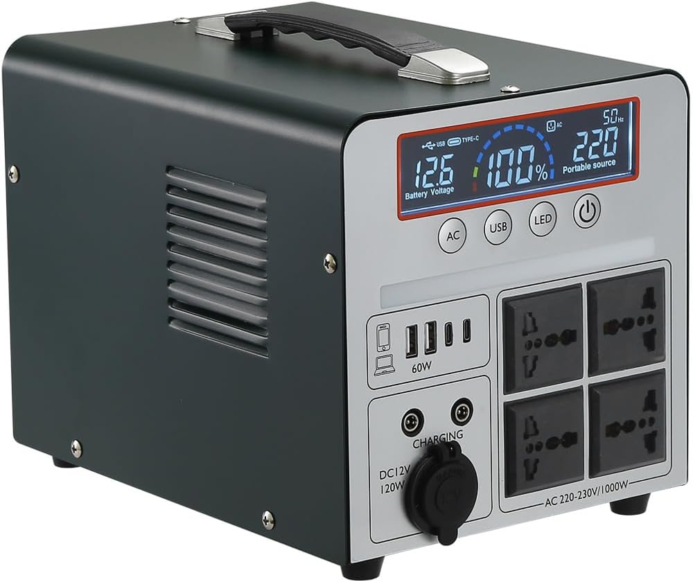 Batteria di riserva portatile ricaricabile da 1000 W/666 Wh per campeggio, roulotte, droni, pronto soccorso e illuminazione esterna, con 4 prese AC