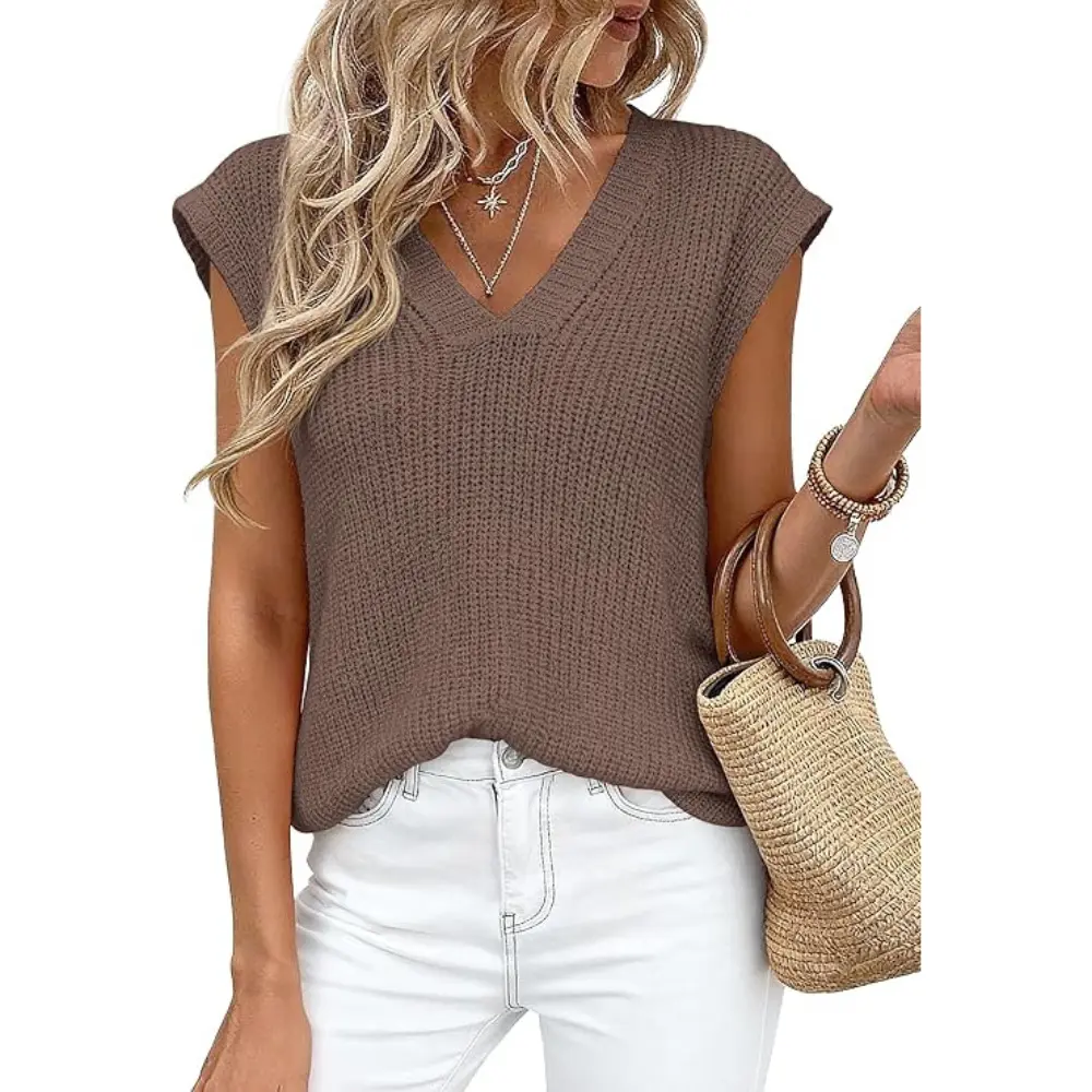 PrettyGarden Women's Lightweight Sweaters Vest Spring Trendy Cap Sleeve V Neck Knit Tank Tops Summer Going Out Outfits