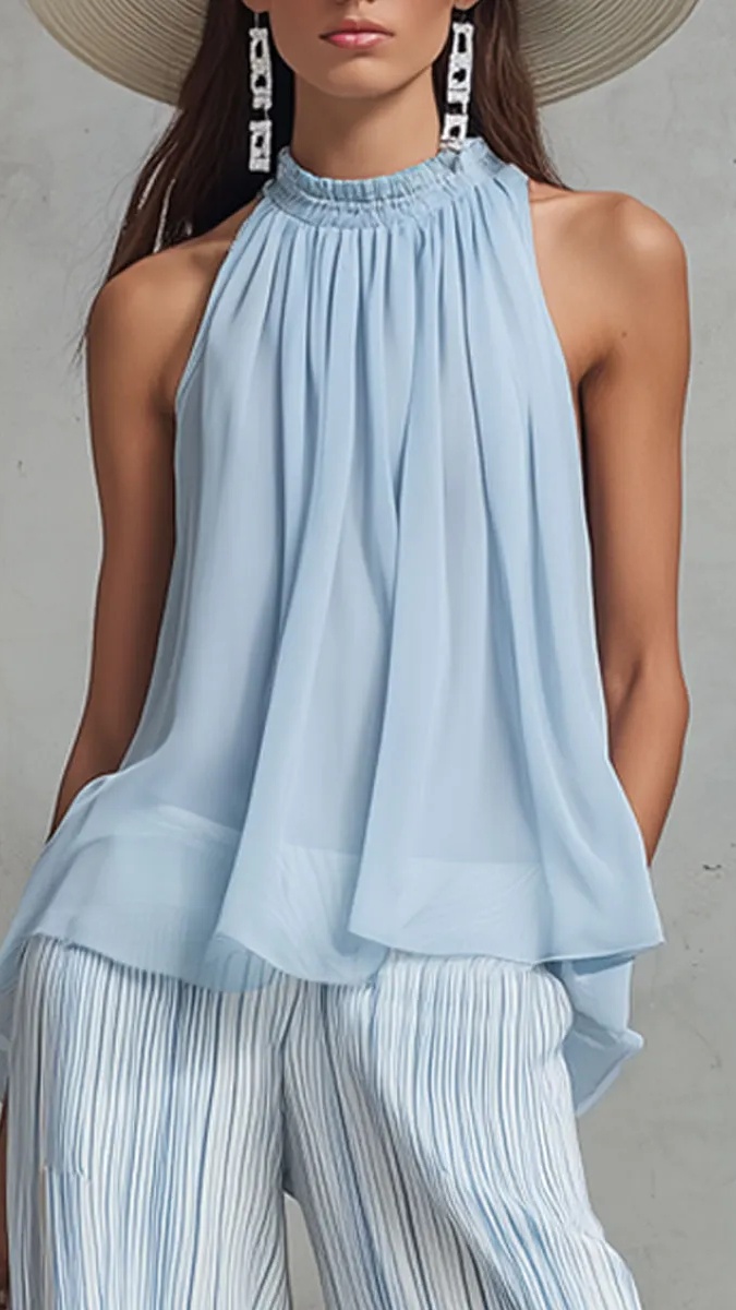Women's Vacation-Style Outfit: Light Blue Chiffon Sleeveless Top & Striped Wide-Leg Pants Set - Nordfashionstorm - Women's Clothing, Fashion for You - Nordfashionstorm.com