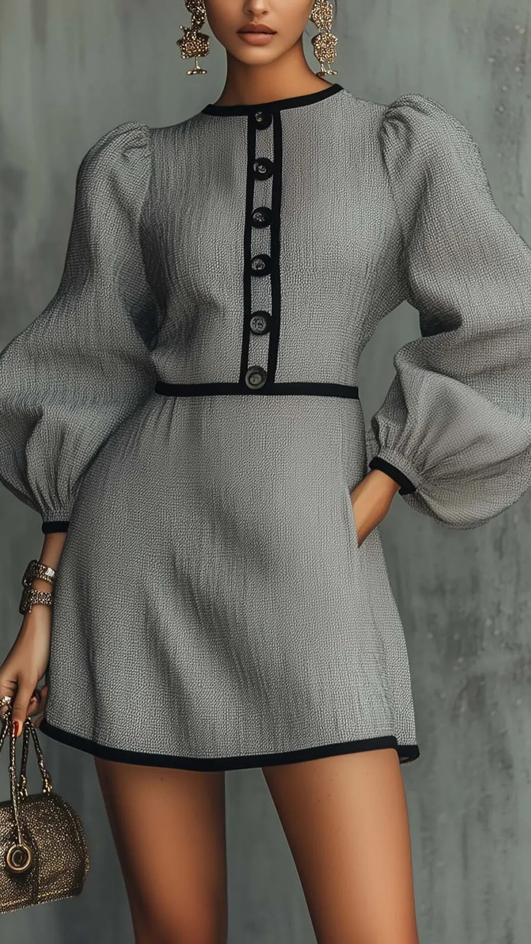 Women's Cotton‑blend Gray Black‑trimmed Puff‑sleeve Button‑decorated Mini Dress - Nordfashionstorm - Women's Clothing, Fashion for You - Nordfashionstorm.com