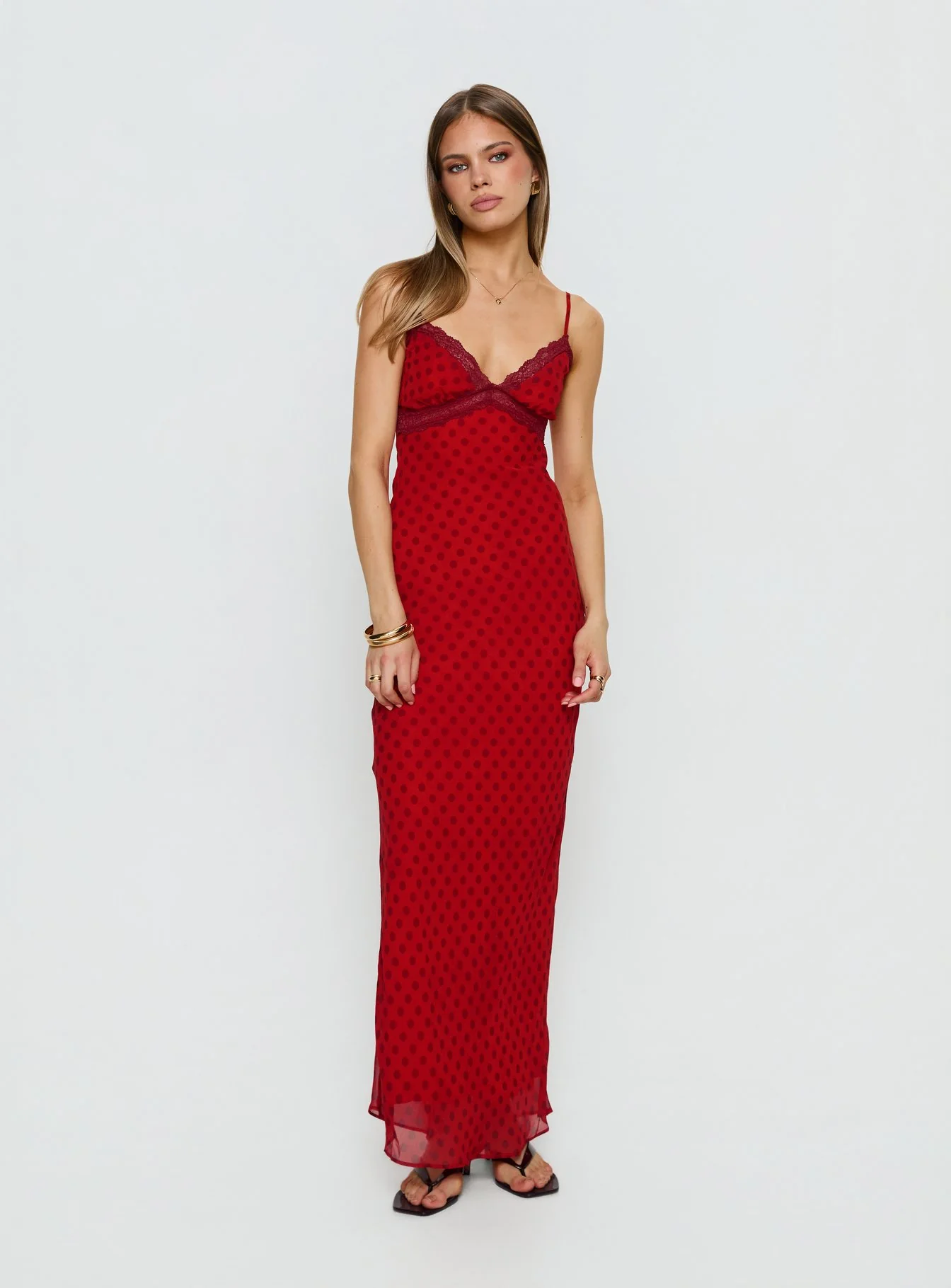 Adasia Lace V Neck Maxi Dress Red Polka Dot