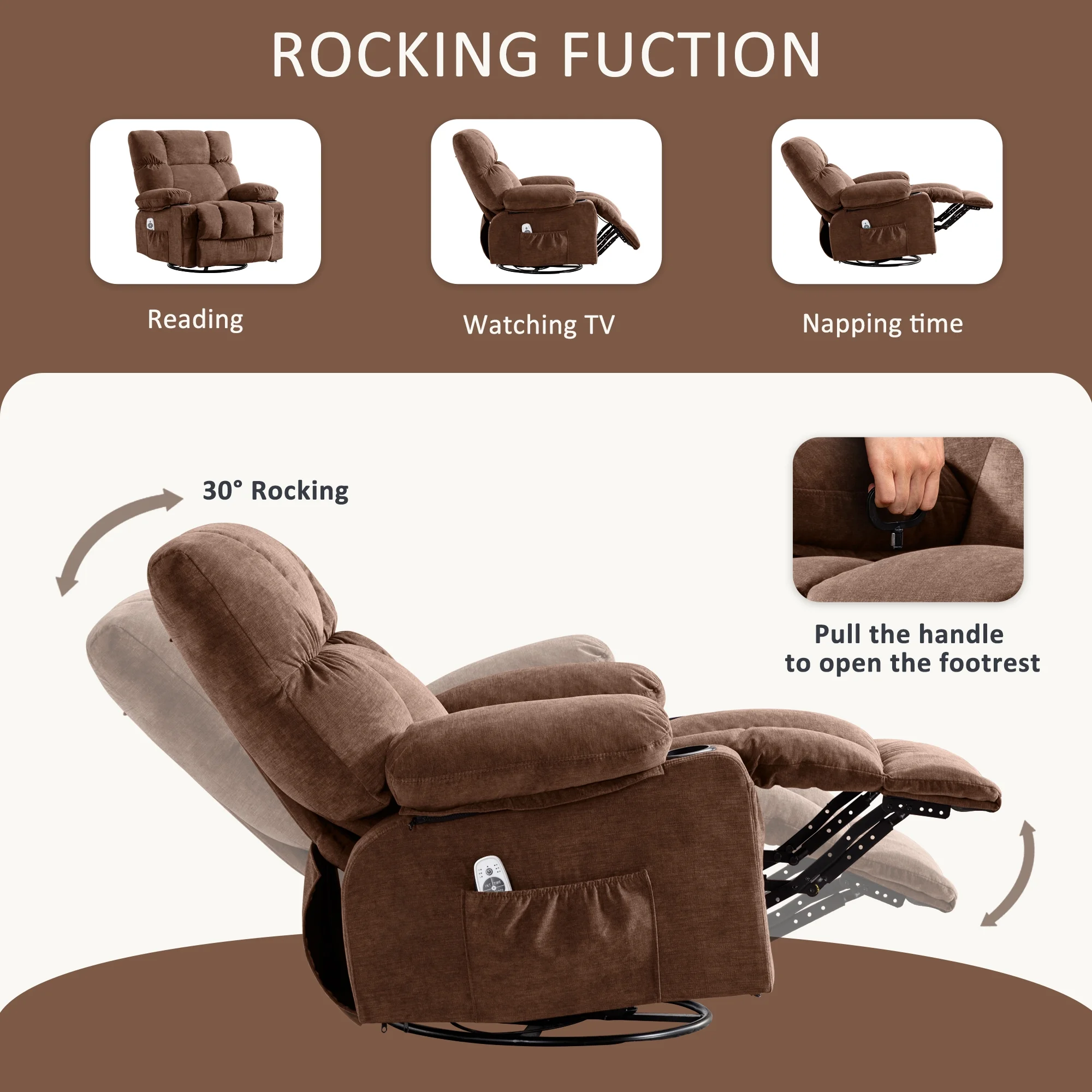 JONPONY Manual Recliner Chair with Heat Therapy and Massage Function, Heavy Duty Reclining Mechanism Massage Chair, Elderly Single Rocker Sofa with Cup Holders for Bedroom Home Theater, Grey