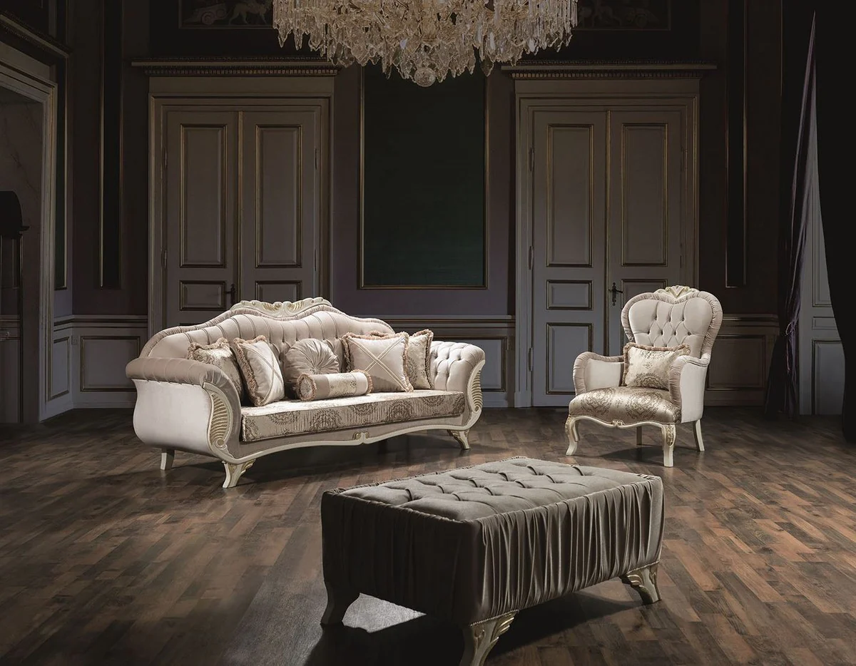Luxury Baroque Living Room Set Gray / Cream / Gold - 2 Sofas & 2 Armchairs & 1 Coffee Table - Living Room Furniture in Baroque Style - Noble Baroque Furniture