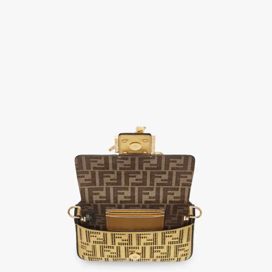 Brooch mini baguette �C Fendace bag in gold perforated leather - Top Club