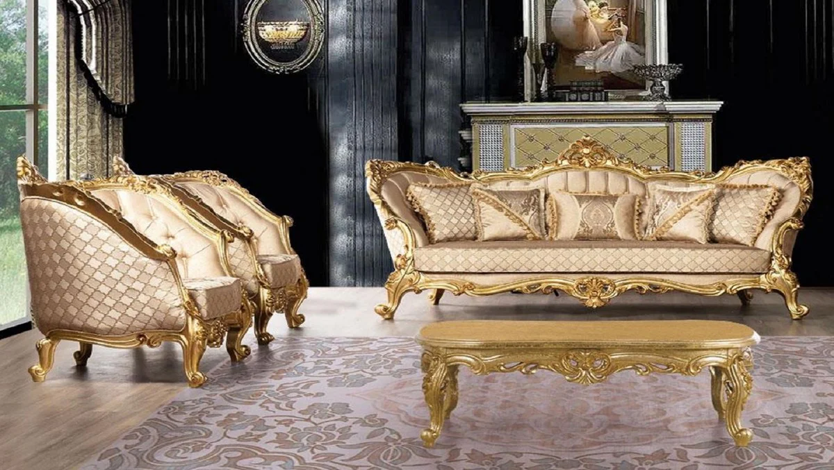 Luxury Baroque Living Room Set Gold - 2 Baroque Sofas with Pattern & 2 Baroque Armchairs with Pattern & 1 Baroque Coffee Table - Magnificent Baroque Living Room Furniture