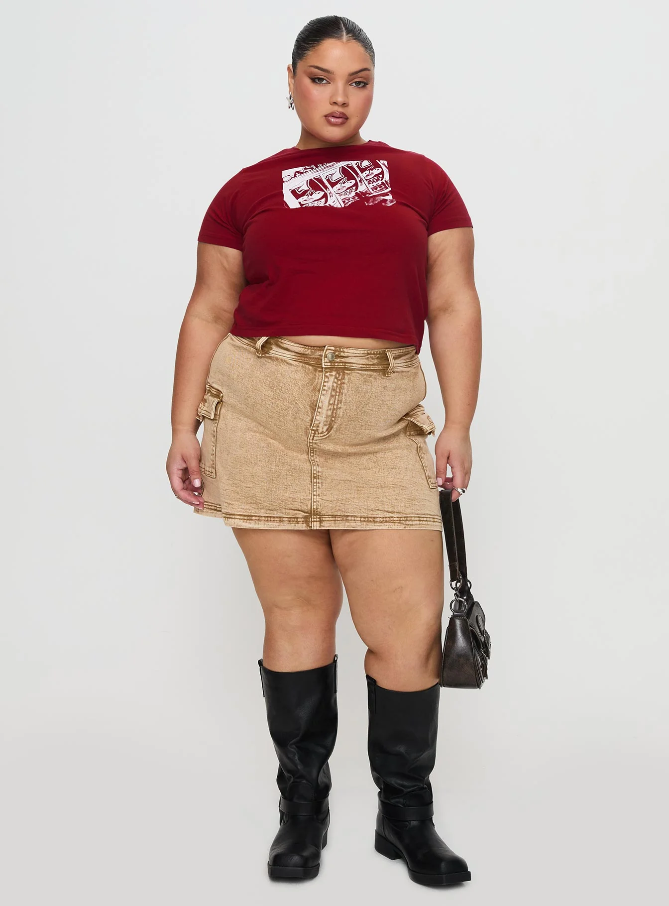 Velveta Low Rise Denim Skirt Camel Curve