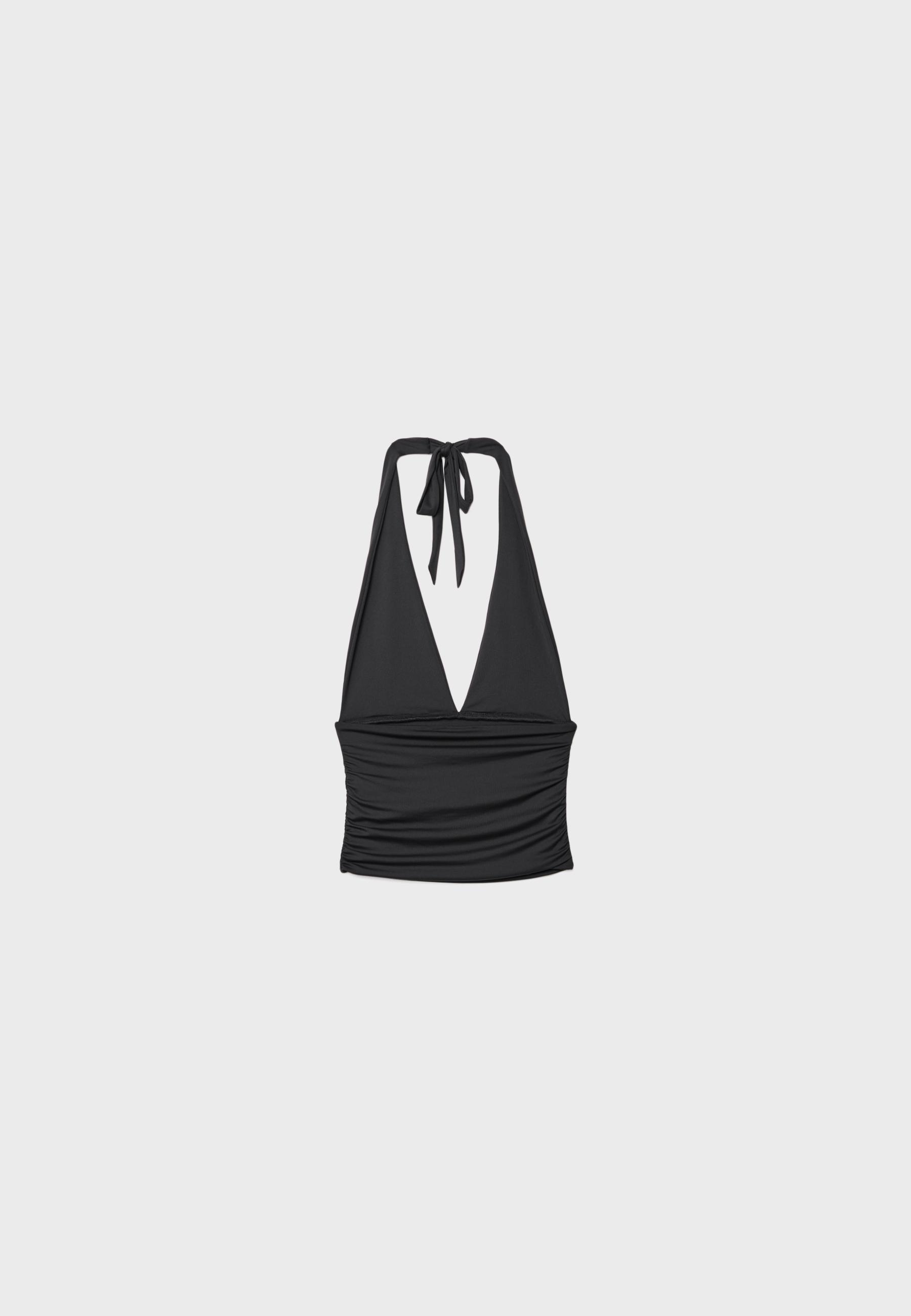 HALTER TOP WITH RUCHED NECK TIE