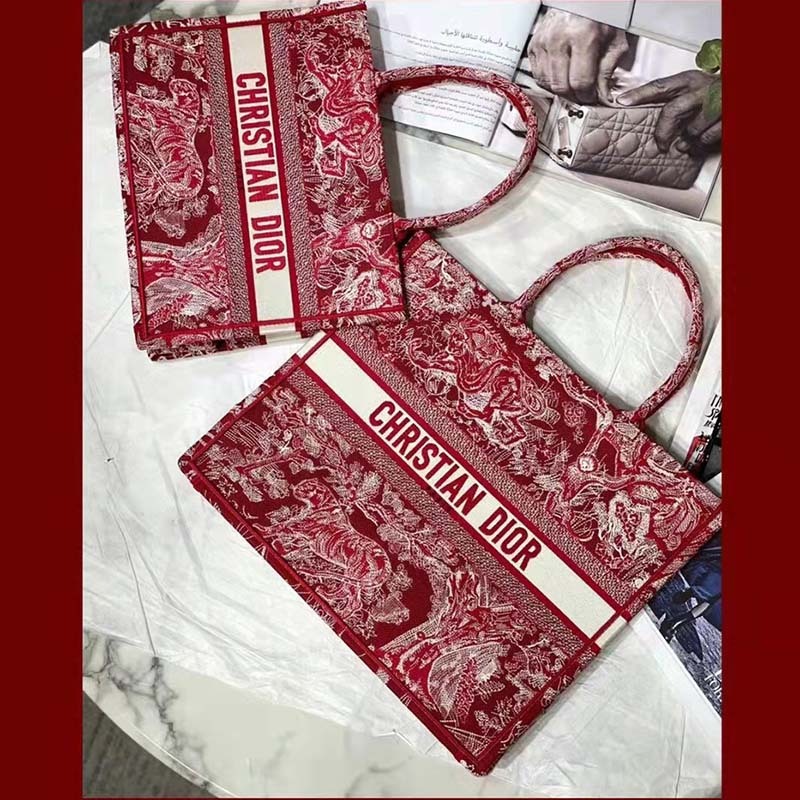 CD Unisex Medium Book Tote Burgundy Toile De Jouy Stripes Embroidery - Top Club