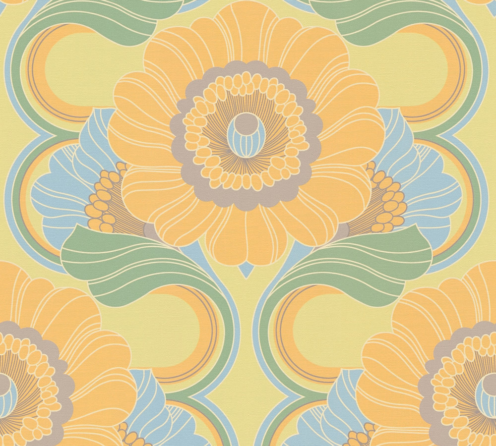 Retro behang met bloemmotief licht gestructureerd Licht gestructureerd retrobehang met bloemmotief – blauw, geel, groen #1