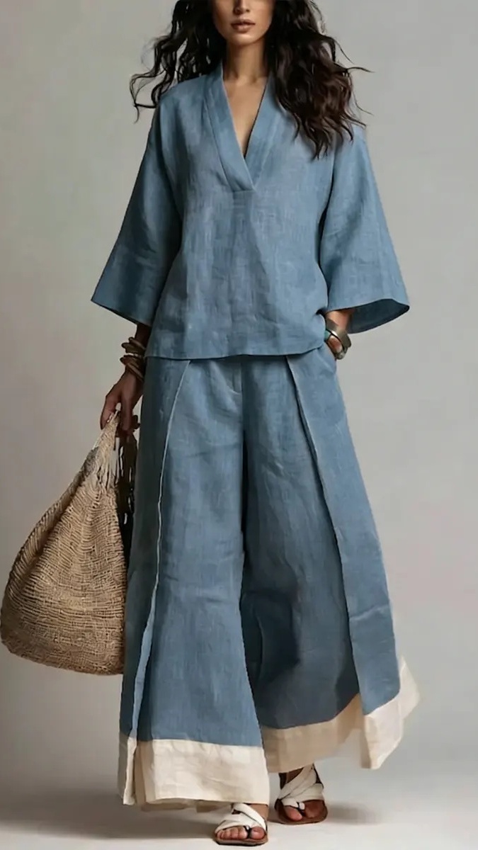 Women's Cotton-Linen French-Style V-Neck 3/4-Sleeve Shirt & Contrast Wide-Leg Pants Set - Nordfashionstorm - Women's Clothing, Fashion for You - Nordfashionstorm.com