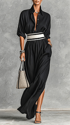 Women's Cotton‑blend Black Lapel Shirt‑style Slit Loose Maxi Dress - Nordfashionstorm - Women's Clothing, Fashion for You - Nordfashionstorm.com