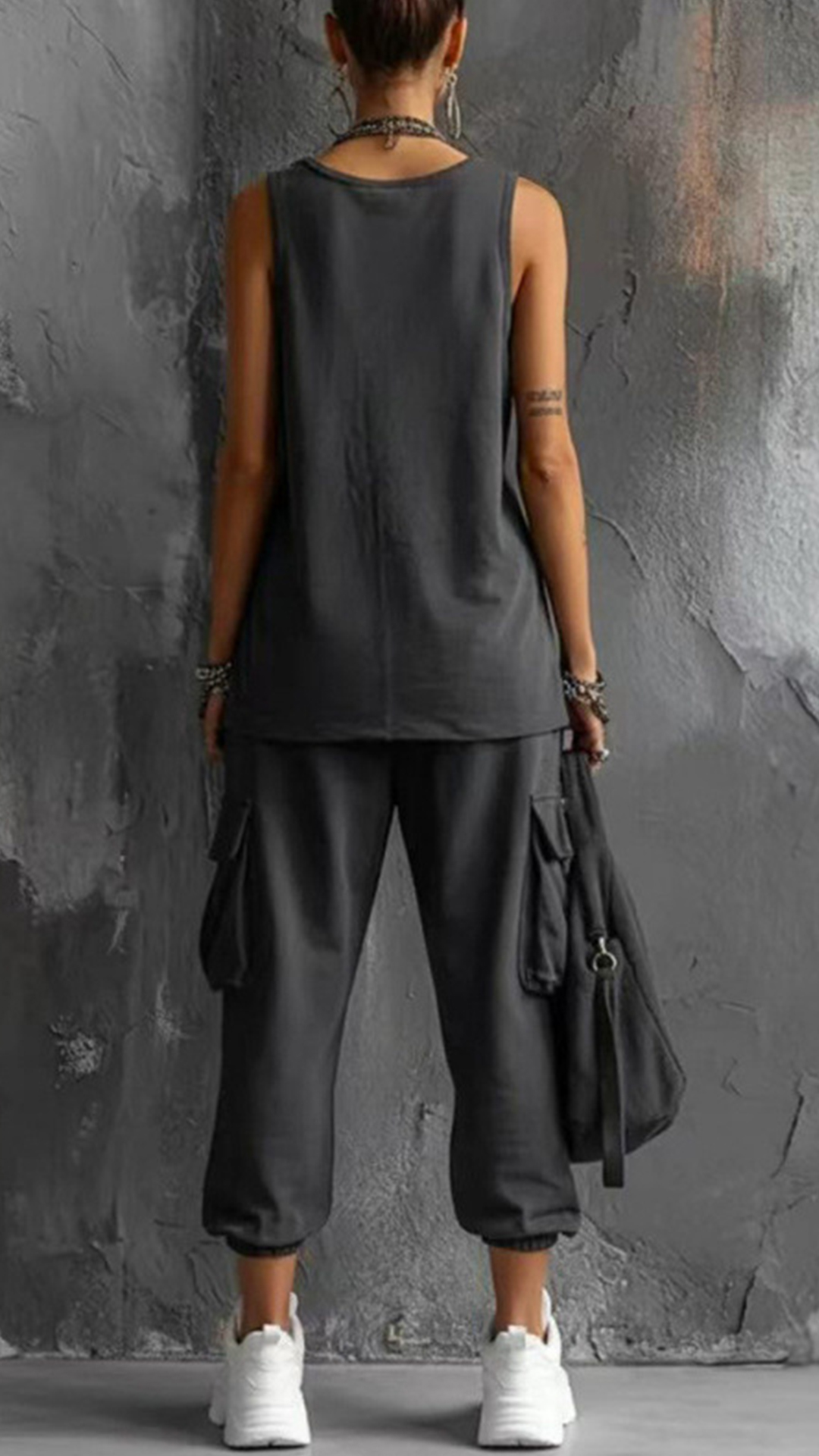 Women's Dark Grey Sleeveless Cargo Cropped Two-Piece Outfit - Nordfashionstorm - Women's Clothing, Fashion for You - Nordfashionstorm.com