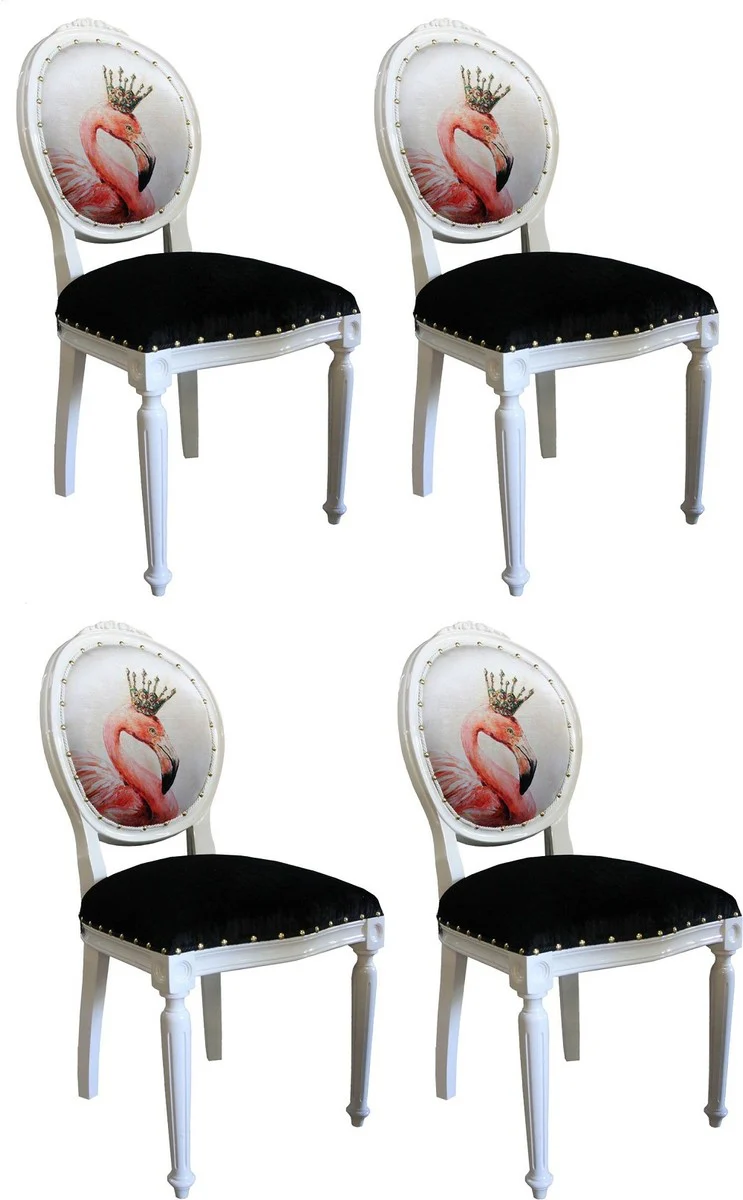 Luxury baroque dining room set flamingo with crown white / black / multicolored 48 x 50 x H. 98 cm - 4 handmade dining chairs with bling bling glitter stones - baroque dining room furniture