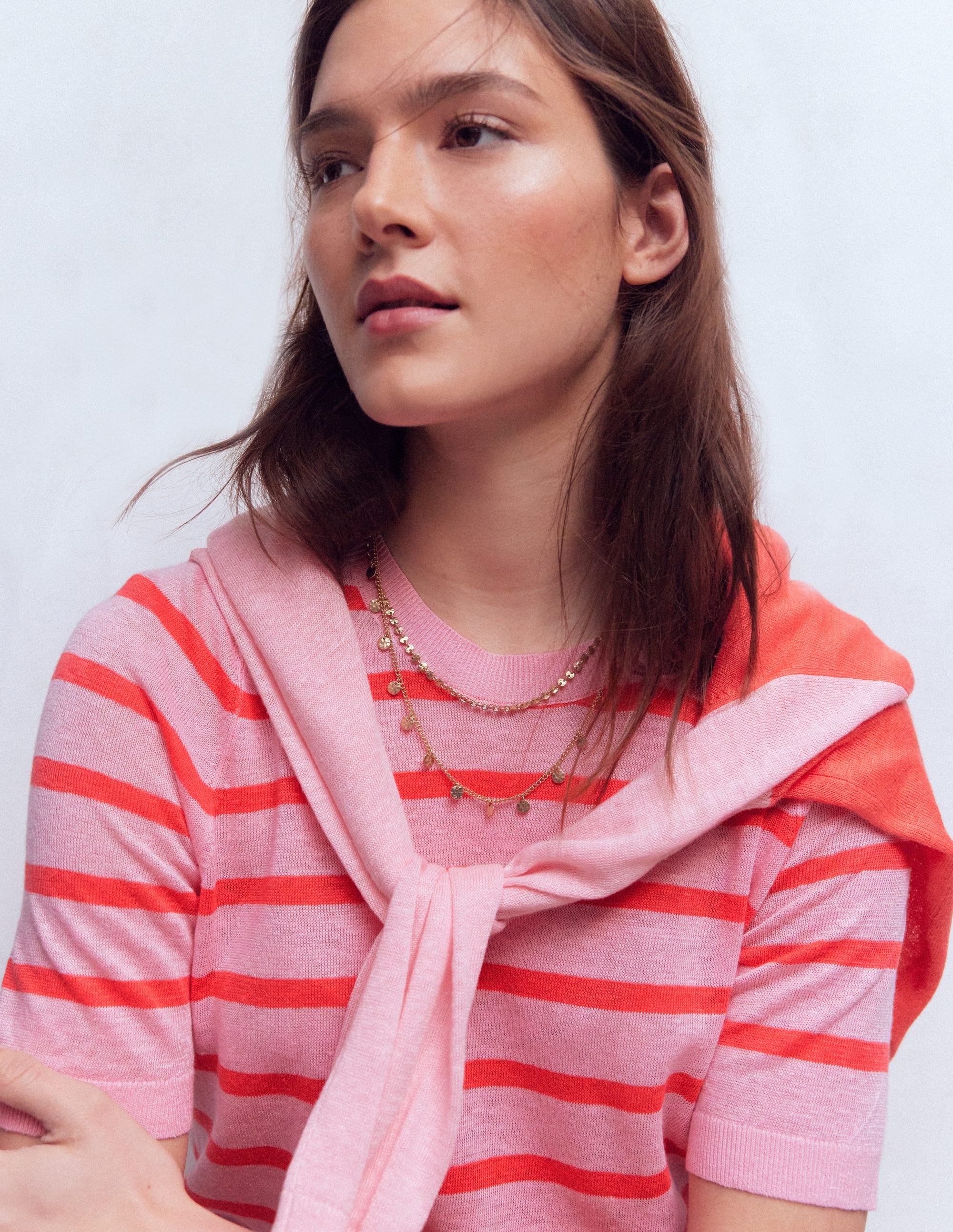 Agnes Leinen-T-Shirt mit Knopfleiste-Sonniges Korallenrot / Kirschblütenrosa