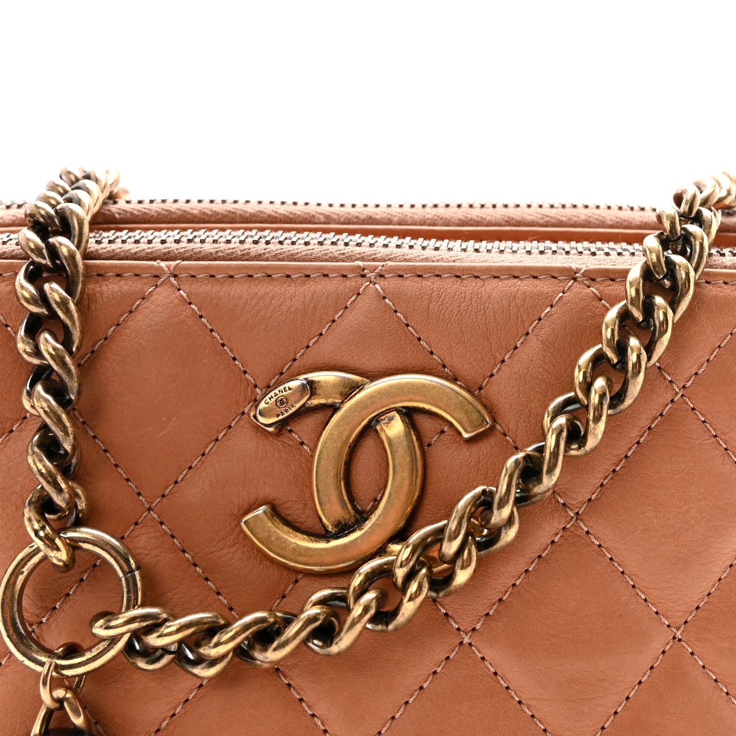 Calfskin Quilted Crown CC Double Zip Bag Beige - Top Club