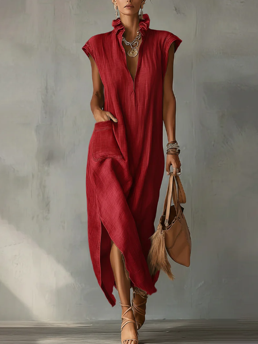 Women’s Ruffle Collar Cotton Linen Midi Dress – Elegant Summer Dress - Nordfashionstorm - Women's Clothing, Fashion for You - Nordfashionstorm.com