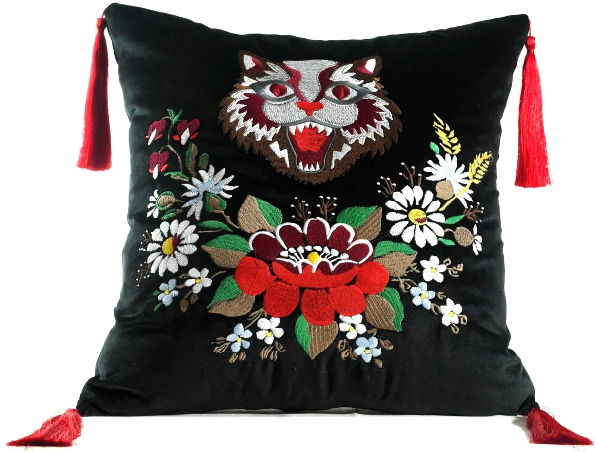 Luxury decorative cushion with tassels Cat black / multicolored 45 x 45 cm - finest velvet fabric - living room cushion