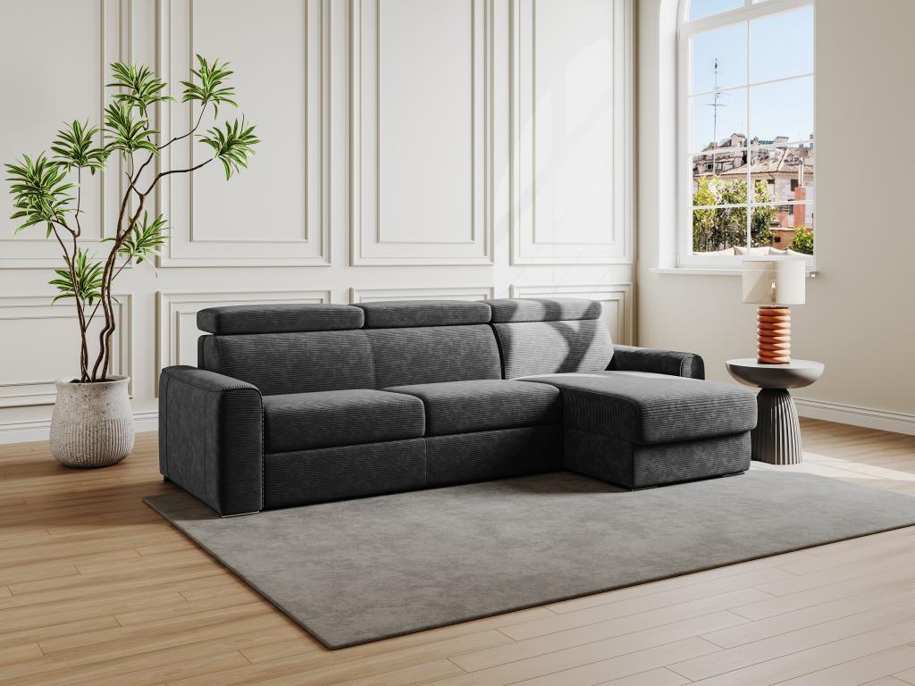 Sofá cama esquinero reversible con apertura italiana de pana gris antracita - Cama de 160 cm - Colchón de 18 cm - VIZIR