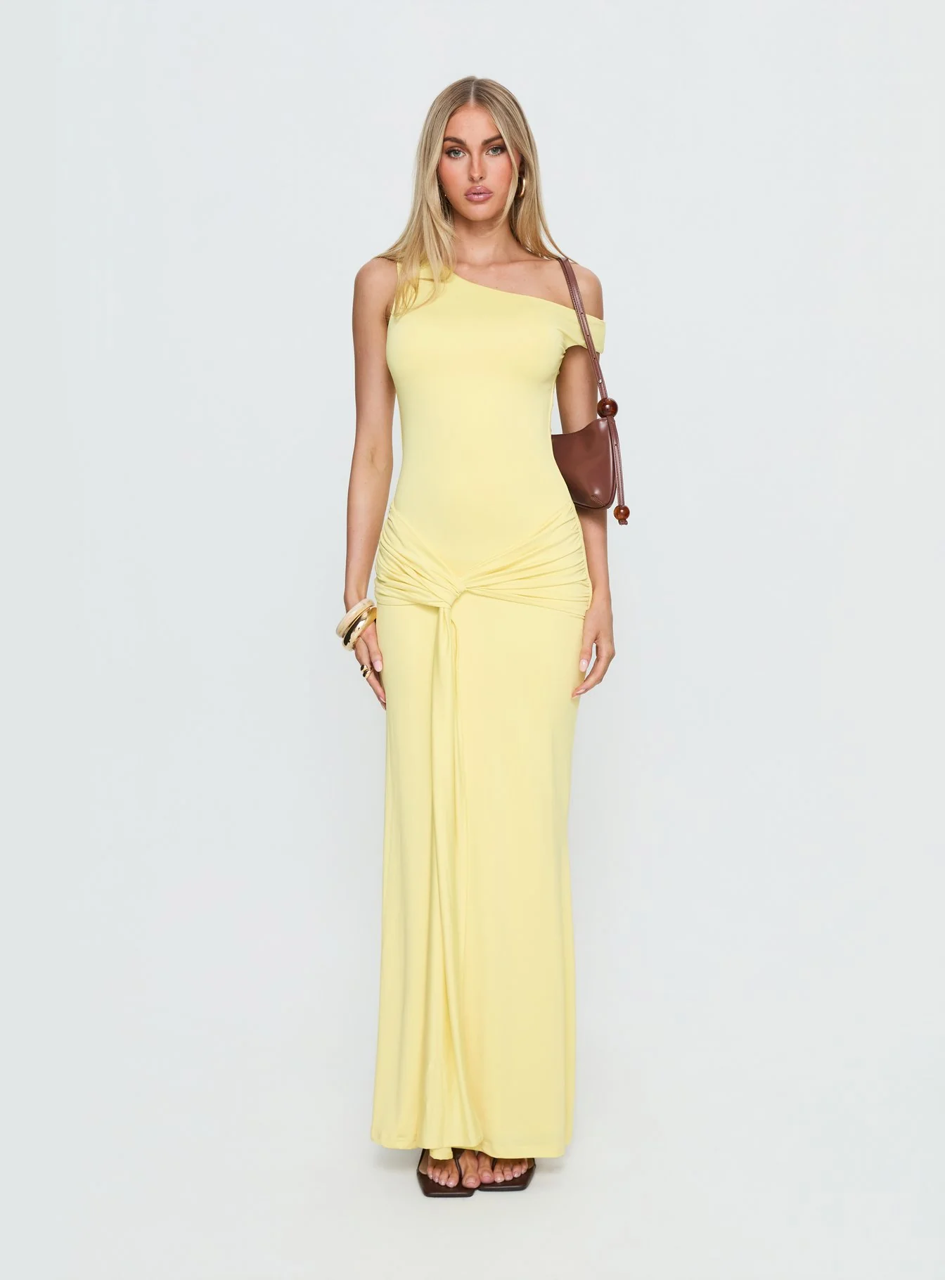 Get Lucky Drape One Shoulder Maxi Dress Lemon Yellow