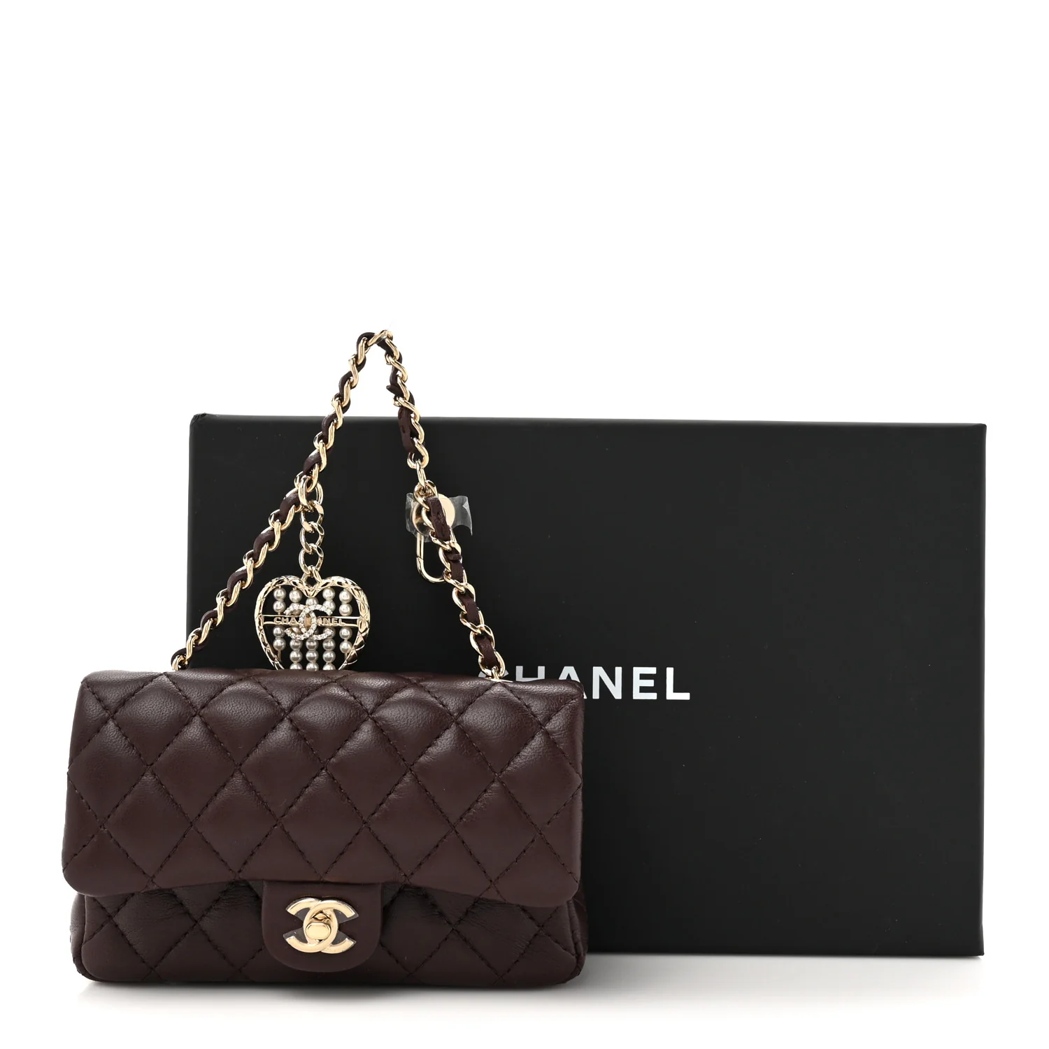 Lambskin Quilted Mini Flap Bag Charm With Hook Dark Brown - Top Club