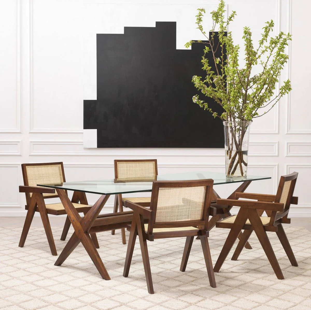 Luxury dining table brown 230 x 100 x H. 77 cm - Solid wood kitchen table with glass top - Rectangular dining room table - Luxury dining room furniture