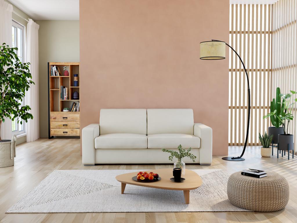 Sofá cama de tres plazas, color blanco 100% piel de búfalo, con colchón de 18 cm