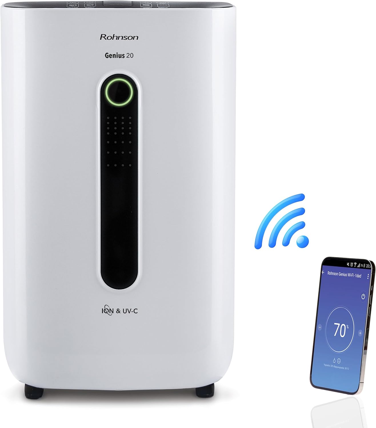 Rohnson Pro-Deumidificatore Avanzato - Purificatore D'aria Ionico Per Spazi Fino A 120m², Controllo Smart Wi-Fi, Ampio Serbatoio Da 6,5L, Funzionamento Silenzioso Con Opzione Filtro HEPA