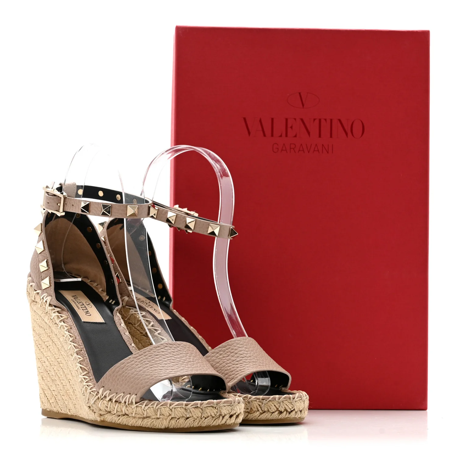 Grained Calfskin Rockstud Ankle Strap Espadrille 15/105mm Wedge Sandals 35 Rose Quartz Natural - Top Club
