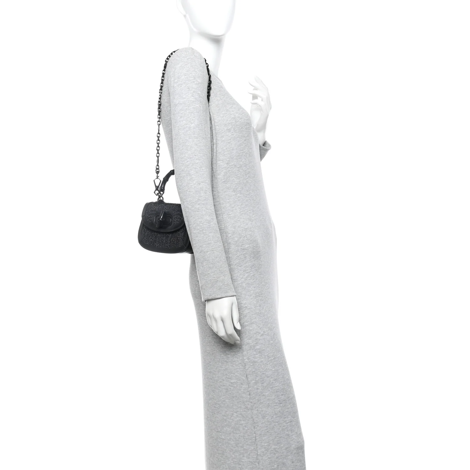 Moire Fabric Calfskin Rhinestone Monogram Monochrome Mini Bamboo 1947 Top Handle Chain Bag Black