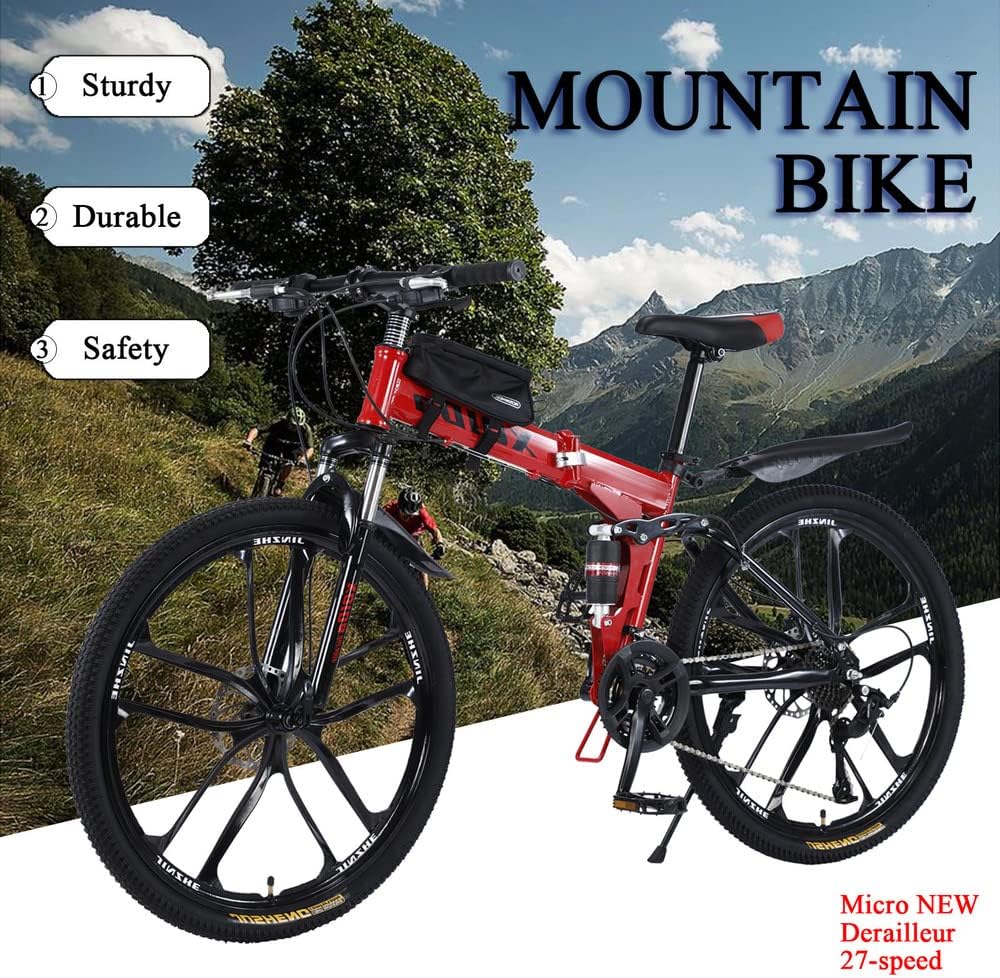 Mountain bike pieghevole da 26 pollici, con doppio assorbimento degli urti, telaio in fibra di carbonio con borsa per bicicletta, freni a disco, bici a sospensione completa perfetta (rosso)