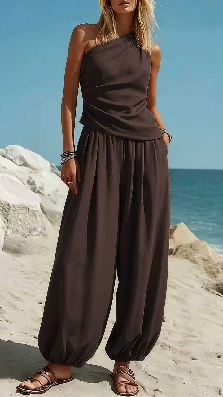 Women's Sleeveless Vest and Loose High-Waisted Trousers Two-Piece Set - Nordfashionstorm - Women's Clothing, Fashion for You - Nordfashionstorm.com