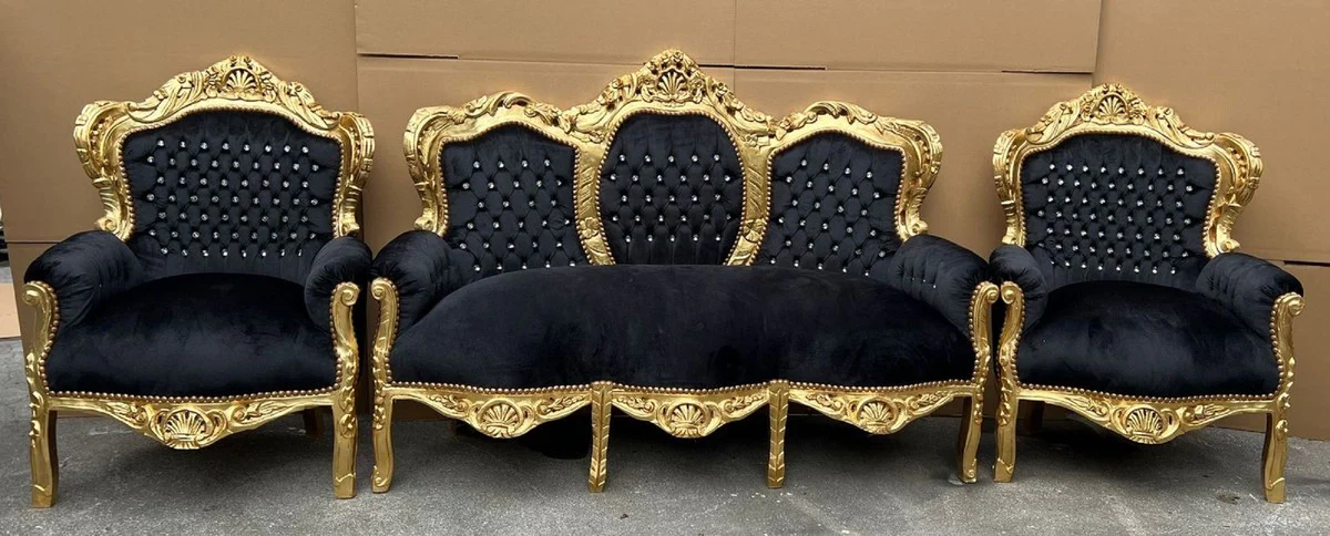 Baroque living room set black / gold - 1 baroque sofa & 2 baroque armchairs - living room furniture in baroque style - baroque furniture - baroque living room furnishings